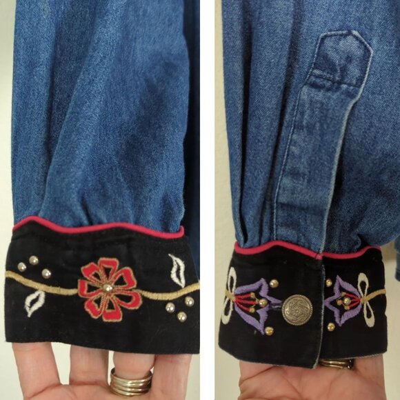 Rhythm Blue Vintage Shirt Western Denim Velvet Embroidered Floral Women L - Picture 5 of 14